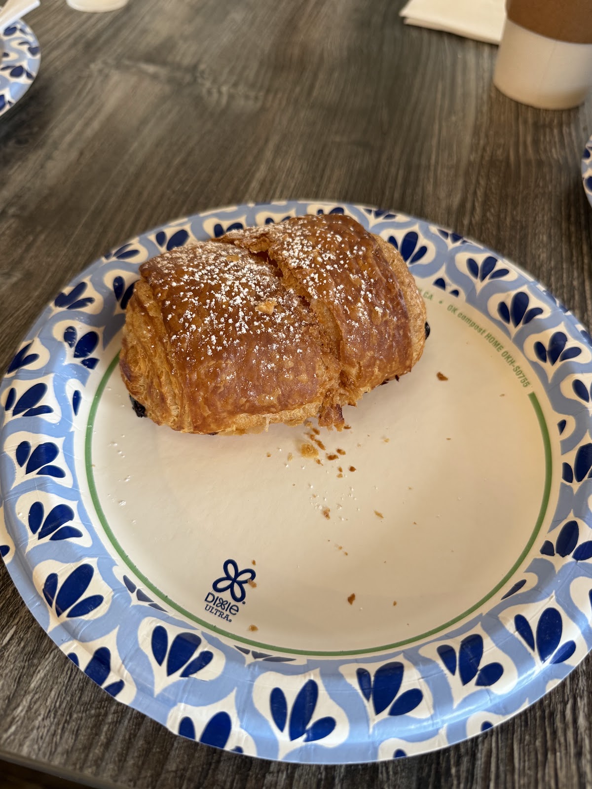 A chocolate croissant dusted with powdered sugar